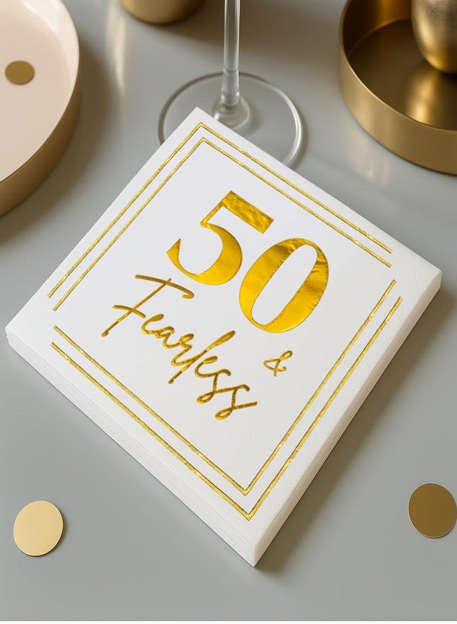 Cloverjoyed 50th Birthday Cocktail Napkins, Gold 50 Years Old Bday Party Decorations, "50 & Fearless" Disposable Paper Napkin Decor for Women & Men, Milestone Anniversary Celebration, Fabulous Gift Ideas, 50 Pack - Image 2